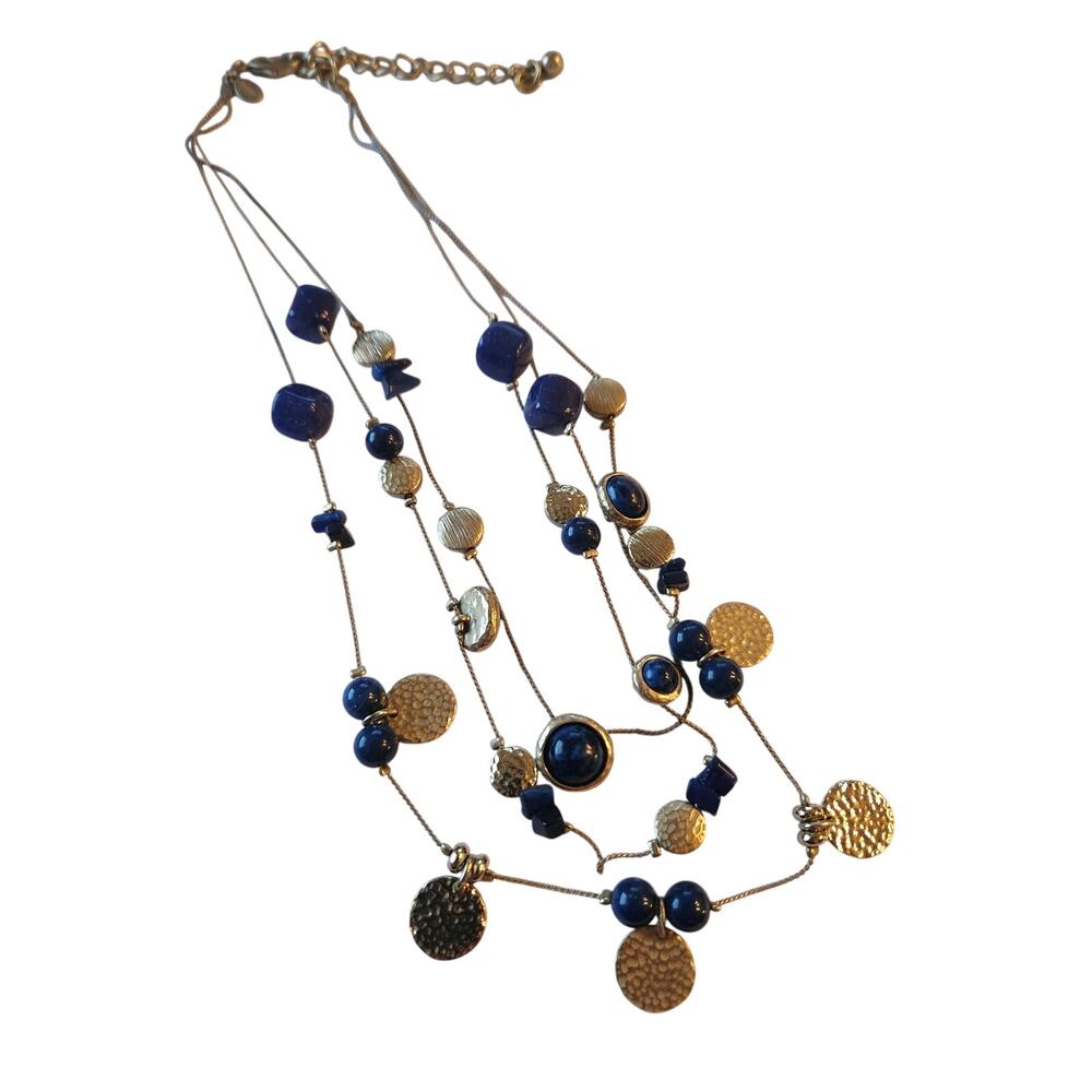 Chico’s Blue Beaded Multi Strand Necklace Silver Tone Layered Statement Jewelry